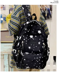 Large capacity school backpack for women and teens, stylish star pattern casual daypack.