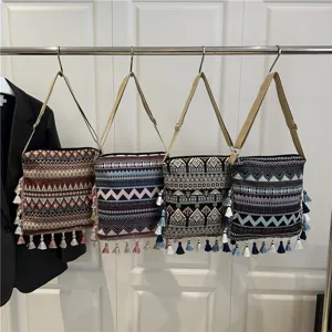 Ethnic Style Cotton Linen Tote Bag Retro Geometric Pattern Tassel Shoulder Bag Women Casual Crossbody Bag