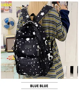 Black star print backpack detail, large capacity student school bag, casual commuting chic.