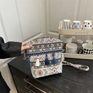 Sac à bandoulière tissé de style ethnique pour femmes, grand sac fourre-tout rétro décontracté.