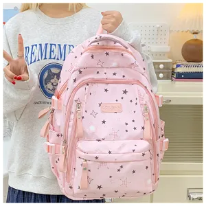 Pink star pattern school backpack for teen girls large capacity casual bookbag travel daypack