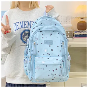 Large capacity school backpack for girls casual cute star print student book bag light blue