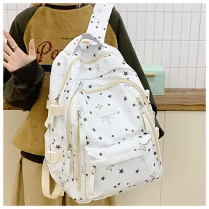Casual white star print large capacity school backpack for teenage girls students daily commute