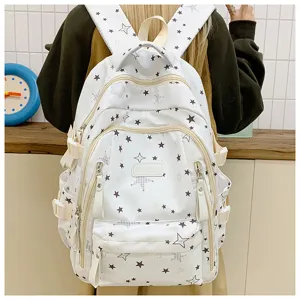 White student school backpack with cute star pattern, large capacity casual daily bag for teens.