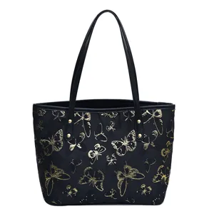 Black tote shoulder bag with gold butterfly pattern, large capacity casual commuting handbag