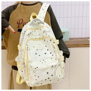 Detailed view of the stylish star print canvas backpack with large capacity and multi pockets.