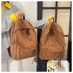 Brown corduroy casual backpack for women, cute bow heart print travel school bag outdoor daypack