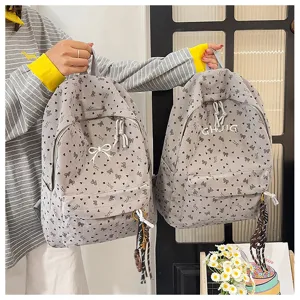 Grey corduroy backpack with cute bow heart print casual school travel bag for women