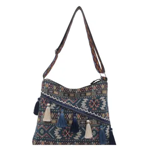 Ethnic style canvas woven crossbody bag with colorful tassels and retro geometric pattern for women