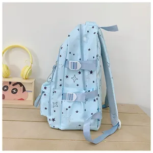 Large capacity light blue school backpack with cute star patterns and secure straps for students.