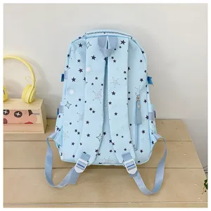 Light blue star print school backpack detail, large capacity student casual daypack design.
