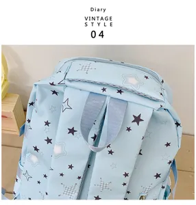Blue star print backpack detail view, casual schoolbag close-up showing fabric and straps.
