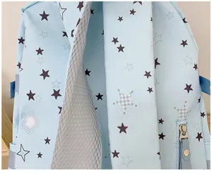 Light blue school backpack with cute star patterns, spacious casual student bookbag daily use.