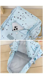Light blue star pattern large capacity school backpack detail, student casual book bag.