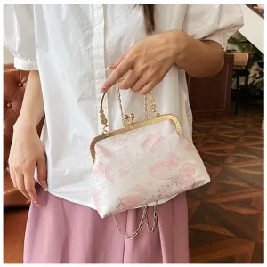 Vintage Chinese style butterfly print kiss-lock handbag with gold chain and handle design.