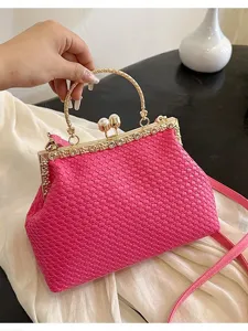 Women Embossed Leather Crossbody Evening Bag With Artificial Pearl Rhinestone Metal Handle Clip Closure Shoulder Bag Party Handbag