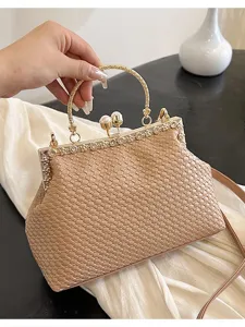 Chic woven kiss-lock evening shoulder bag with pearls and metal handle for women.