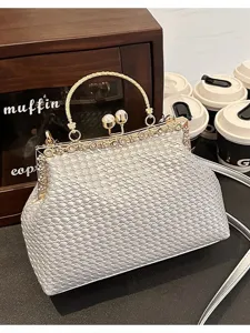 Women silver woven kiss lock evening bag elegant metal handle crossbody shoulder bag