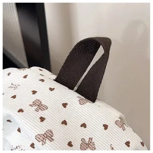 Women's casual backpack detail white corduroy bow print travel bag stylish accessory cute design