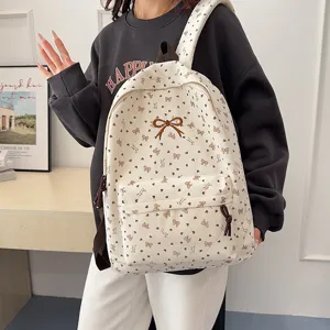 Preppy Style Bowknot Printed Backpack For Women Synthetic Leather Heart Pattern Casual Travel Daypack School Bookbag
