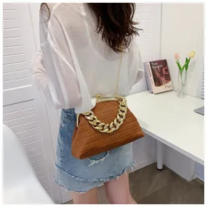 Detail view of stylish brown pleated shoulder bag with chunky gold chain strap and metal clasp.