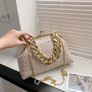 Korean Fashion Ruched PU Shoulder Bag For Women Chunky Gold Chain Handle Kiss Lock Clasp Crossbody Handbag Commuter Satchel