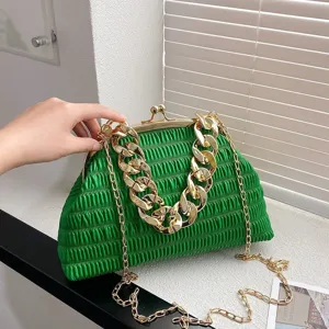 Green pleated handbag with chunky gold chain, elegant kiss-lock shoulder bag for women.