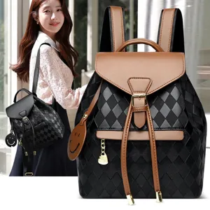 Sac à Dos Mode en Similicuir Matelassé à Losanges pour Femmes Minimaliste Urbain Blocs de Couleur Rabat Cordon Quotidien Navette Voyage Sac à Dos