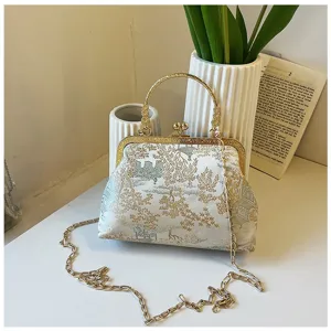 New Chinese style brocade handbag with metal handle and chain strap for women chic daily use