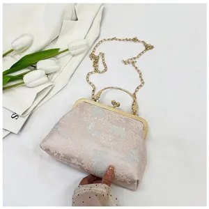 New Chinese style vintage brocade kiss-lock shoulder bag, elegant metal chain crossbody purse.
