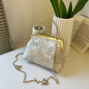 Vintage Chinese brocade kiss lock handbag metal frame shoulder cross body bag elegant purse