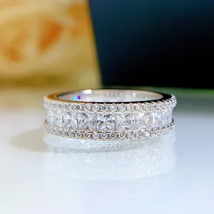 Anello de Eternidad Con Diamantes de Imitación de Plata de Moda Anillo de Banda Geométrica Corte Princesa Para Mujer