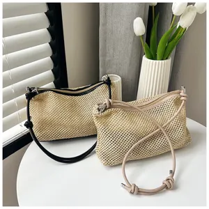 Summer woven straw shoulder bag for women, stylish color block beach crossbody bag details.