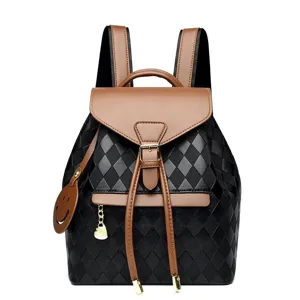 Sac à dos élégant pour femme à motif losanges, sac décontracté en cuir PU noir et marron.