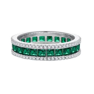 Anillo eternity de plata esterlina con piedra cuadrada verde y circonitas para mujer