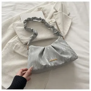 Grey marble pleated hobo shoulder bag for women, trendy underarm purse with elegant strap.