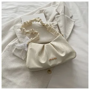 Korean cloud pleated shoulder bag for women, stylish underarm bag with pearl lace decor and metal logo.