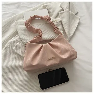 Korean style cloud pleated underarm bag for women, simple solid color shoulder bag with logo.