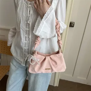 Women Ruched Underarm Bag Synthetic Leather Cloud Shoulder Bag Minimalist Solid Color Purse With Artificial Pearl Charm Everyday Casual Handbag