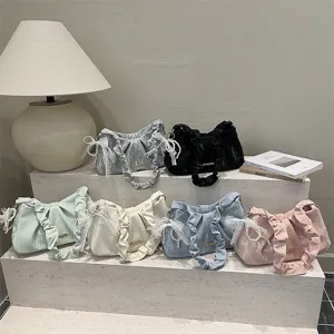 Korean cloud pleated underarm bag for women, chic minimalist shoulder bag with pearl lace.