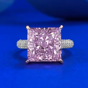 Anillo de Plata de Ley 925 Princesa Cuadrado Rosa Diamante Alto Carbono Mujer Micro Incrustado Geométrico Moda Joyería Anillo