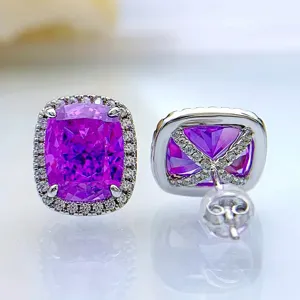Viereckige lila Edelstein Halo Ohrringe aus Sterlingsilber, elegante funkelnde Ohrstecker.