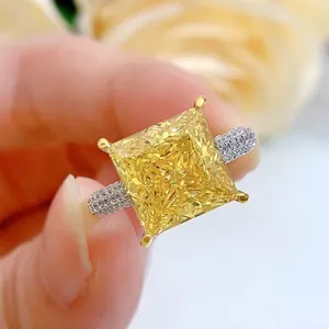 Elegante anillo de plata S925 diamante cuadrado amarillo estilo europeo pavé joyería