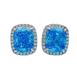 Kissen-Schliff blauer Edelstein Halo Ohrringe Sterlingsilber Luxus Damenschmuck