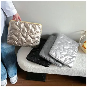 Glossy quilted PU leather laptop sleeve clutch bag, large capacity stylish document pouch.