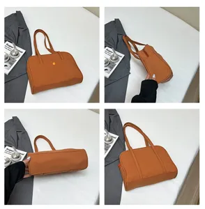 Detailed multi-angle views of brown minimalist shoulder bag, showing durable straps and spacious interior.