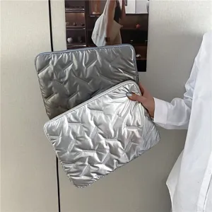 Silver glossy quilted PU laptop sleeve pouch large capacity document envelope bag main