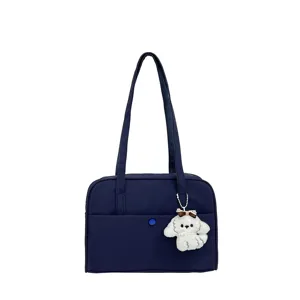 Casual large capacity shoulder bag dark blue commuter tote bag with cute plush dog pendant