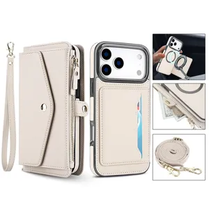 Custodia a portafoglio MagSafe in pelle beige con scomparti carte, tasca con zip e comodo laccetto.
