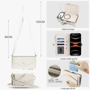 Custodia portafoglio multifunzione in pelle con tracolla, tasche per carte e RFID.